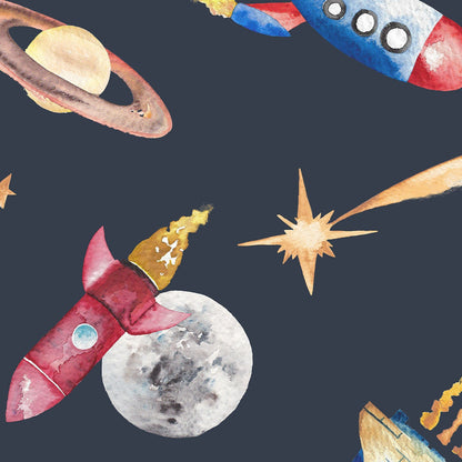 Space-themed pattern with rockets, planets, and stars on a dark blue background