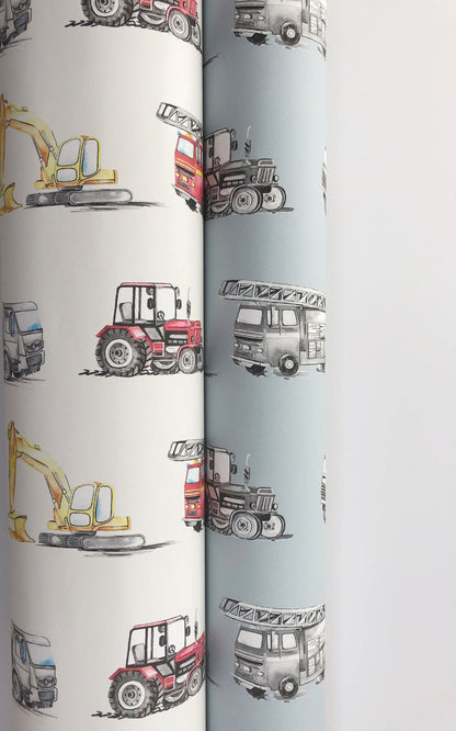 Watercolour Vehicles Wallpaper | Diggers, Fire Engines & Trucks | Kids Bedroom & Nursery