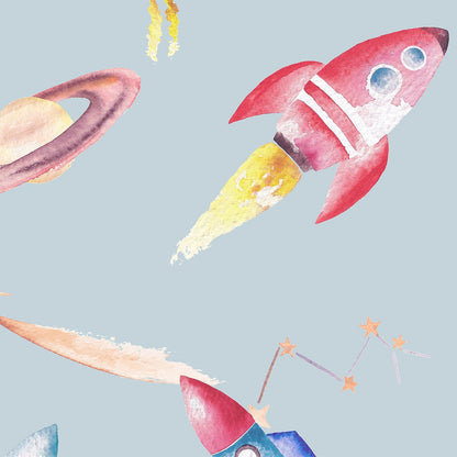 Colorful illustration of a rocket ship and planets on a light blue background