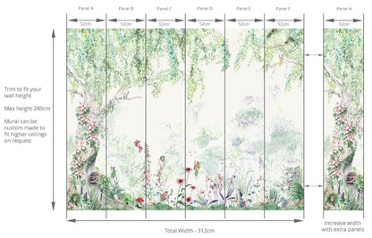 Measurement chart for a floral wall mural with dimensions and panel layout.