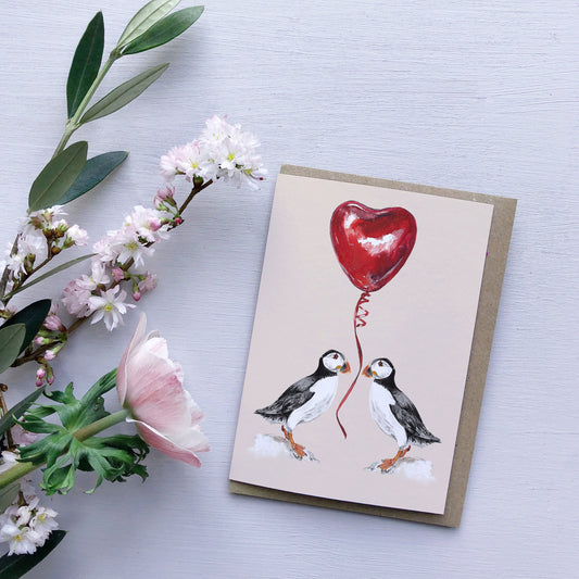 Puffin love watercolour greetings card