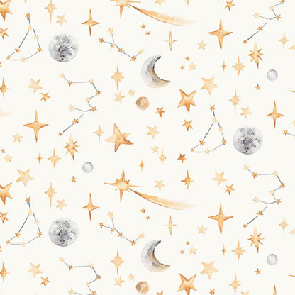 Pattern of stars, moons, and constellations on a white background