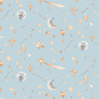 Pattern of stars, moons, and celestial elements on a light blue background