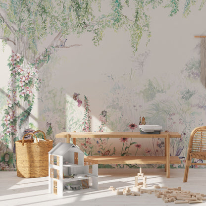 Fairy forest mural wallpaper in pink nursery with woodland fairy details"