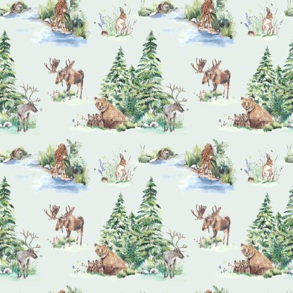 Pattern of forest animals like bears, deer, and rabbits with trees on a light green background.
