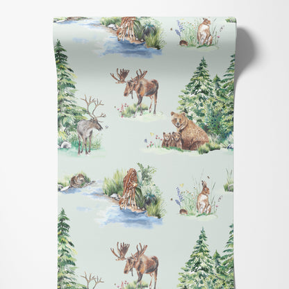 Children's wallpaper with detailed forest animals pattern on a pale green background