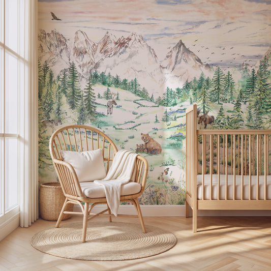 Alpine Meadow Mountain Mural Wallpaper for Kids and Nurseries