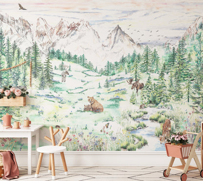 Alpine Meadow Mountain Mural Wallpaper for Kids and Nurseries