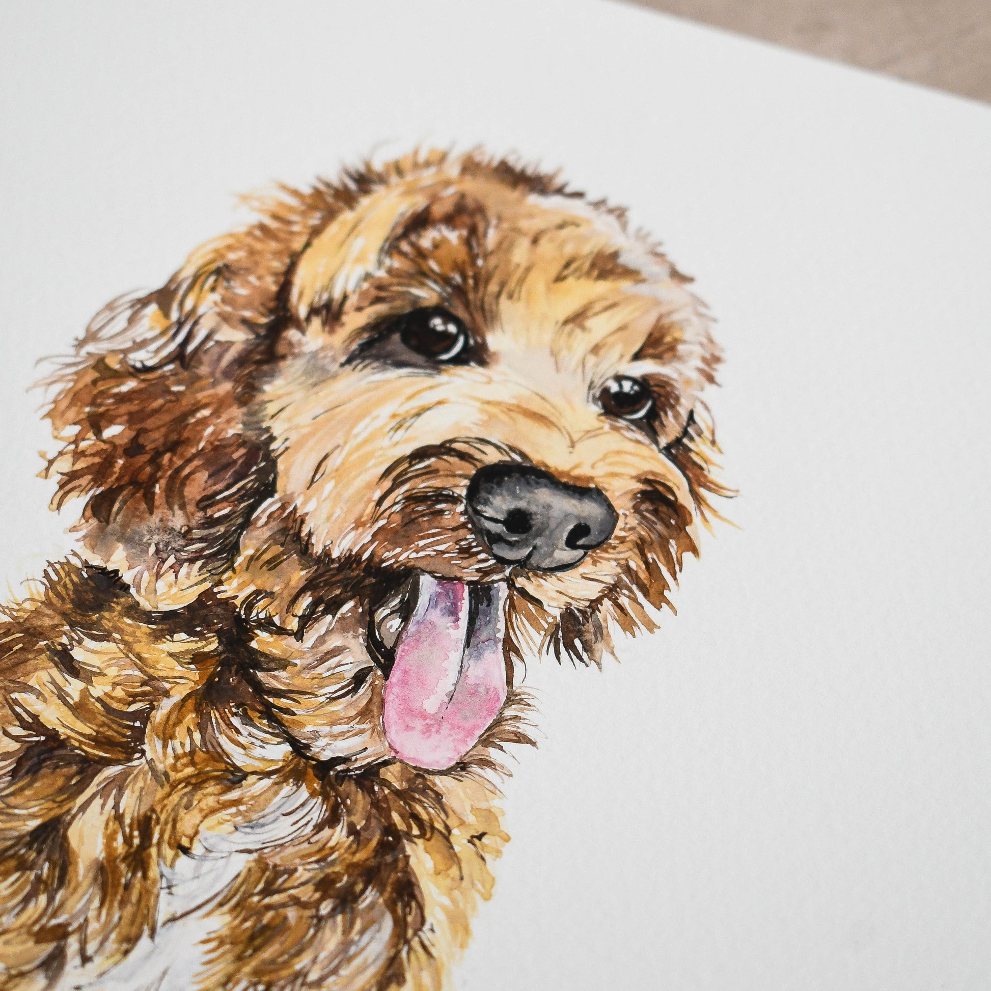 Watercolour painting of a golden cockapoo, close up of face