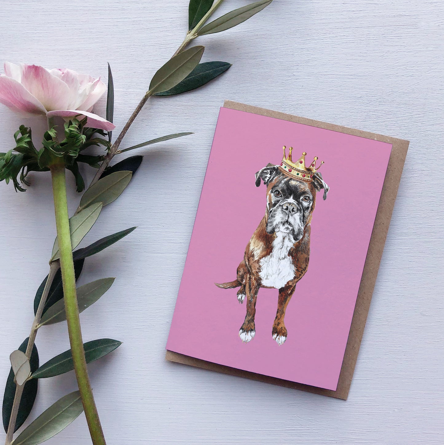 Boxer Dog Birthday Card - Watercolour Illustration with Crown