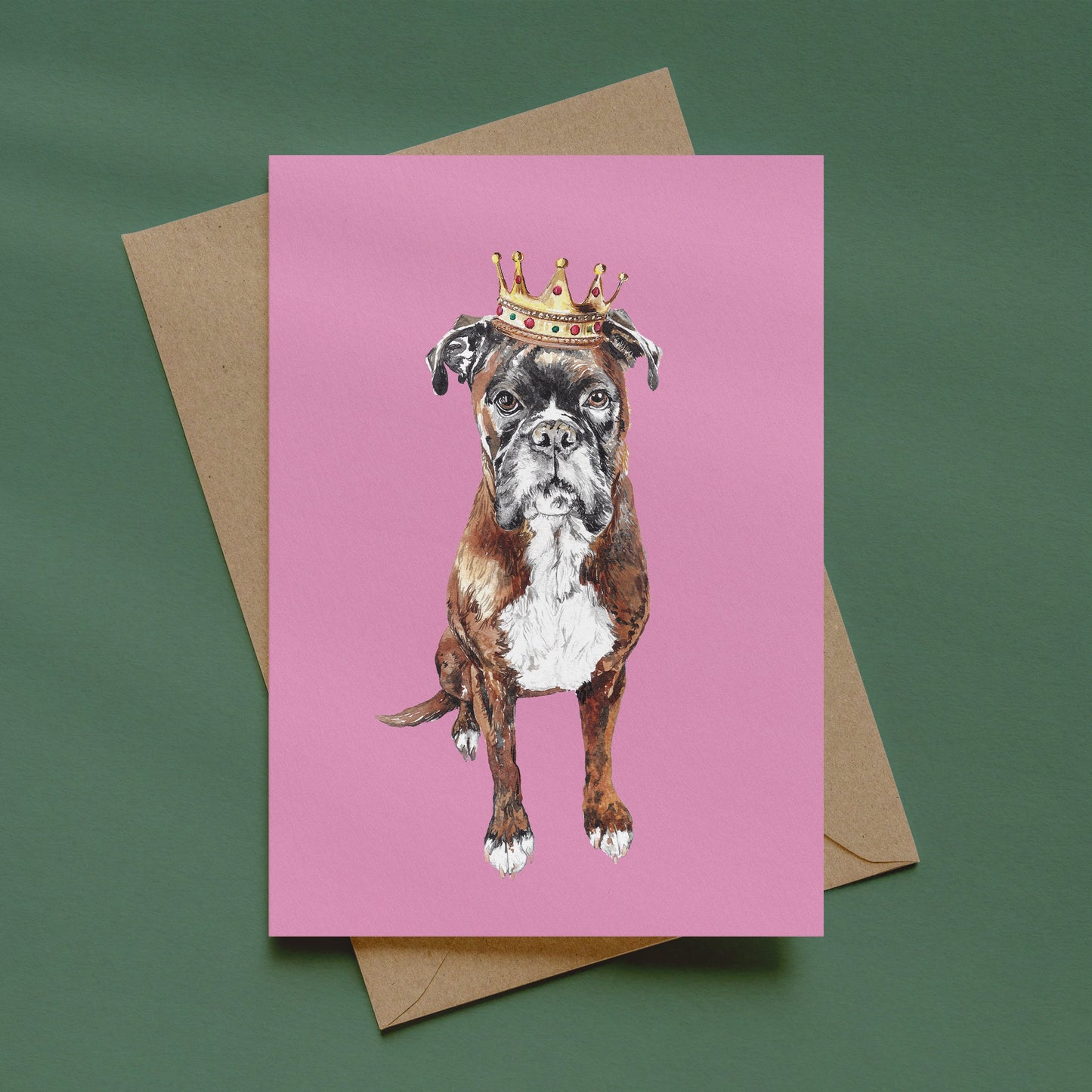 Boxer Dog Birthday Card - Watercolour Illustration with Crown