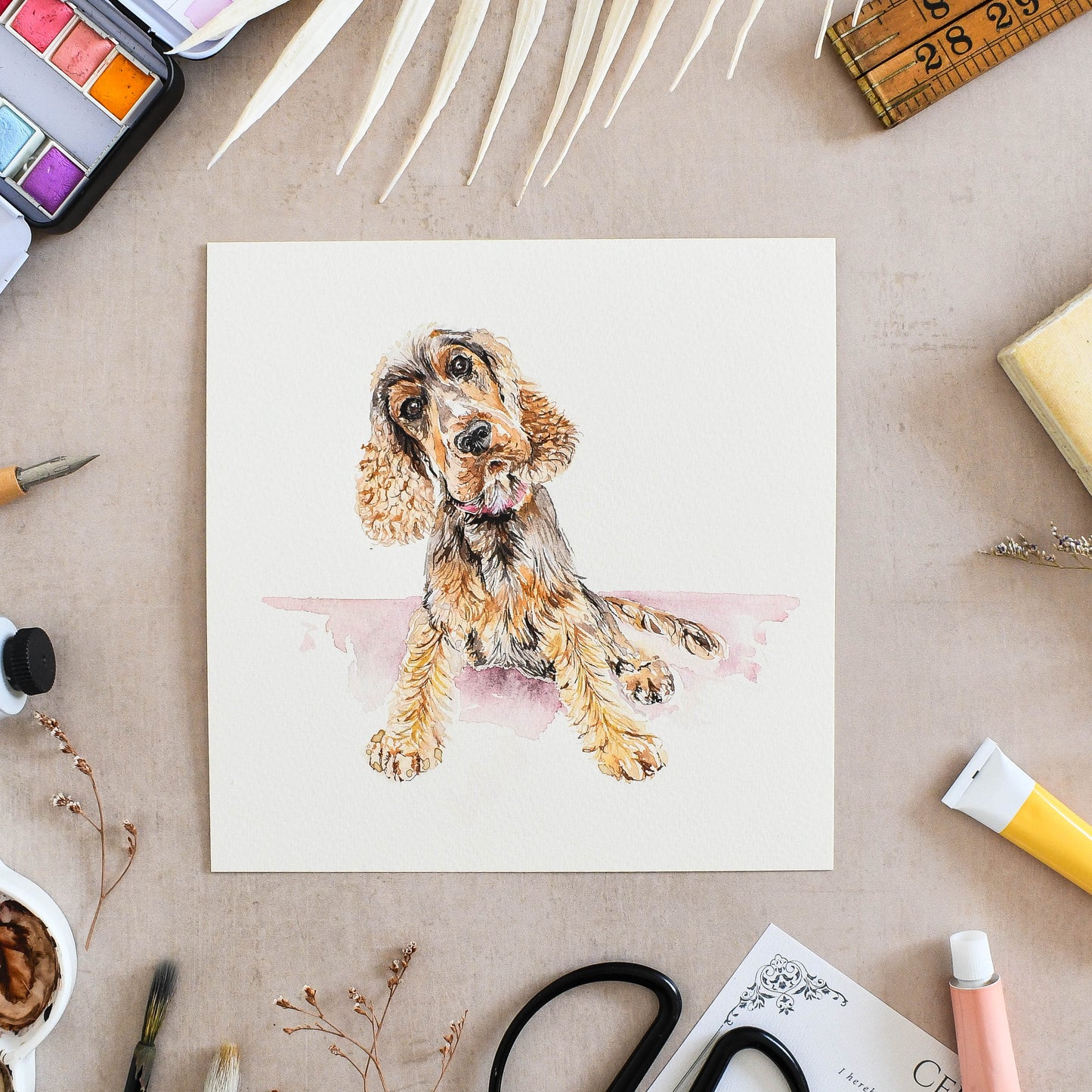 Personalised dog portrait on a desk watercolour painting from photo, cocker spaniel