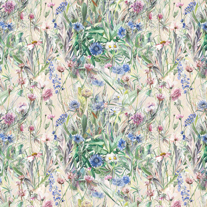 Dense pattern of clusters of wildflowers and green leaves on a pale pink background