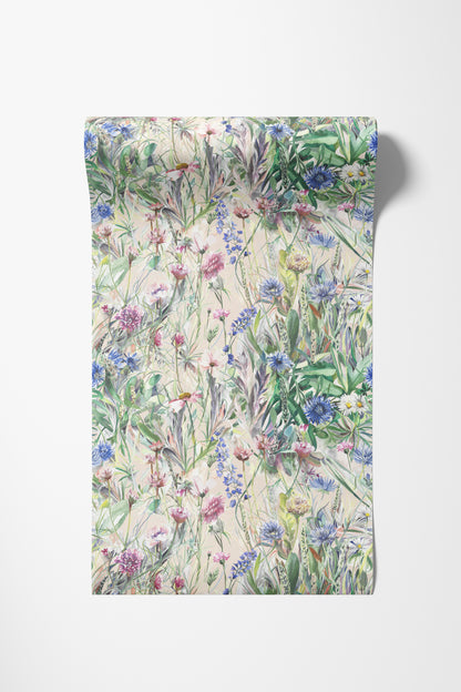 Floral meadow wildflowers patterned wallpaper roll on a white background