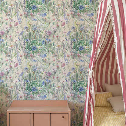 childrens room interior with floral wallpaper, striped canopy, and wooden cabinet.