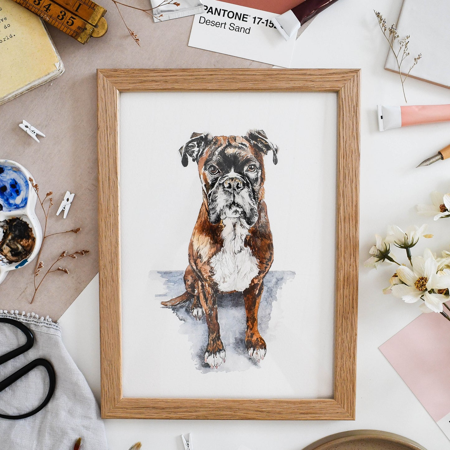 A4 custom boxer dog portrait displayed on a desk, personalised gift for dog lovers UK