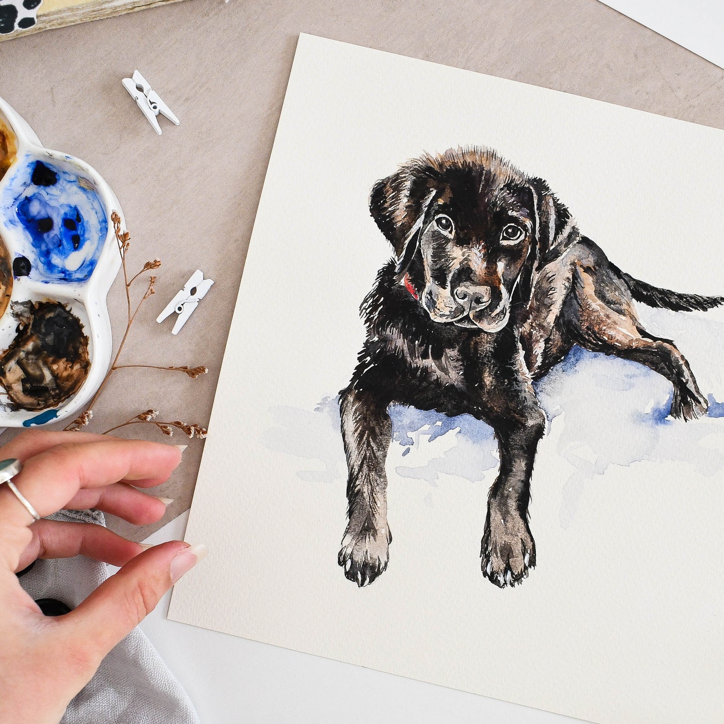 Close-up of watercolour brushwork on a custom hand-painted dog portrait