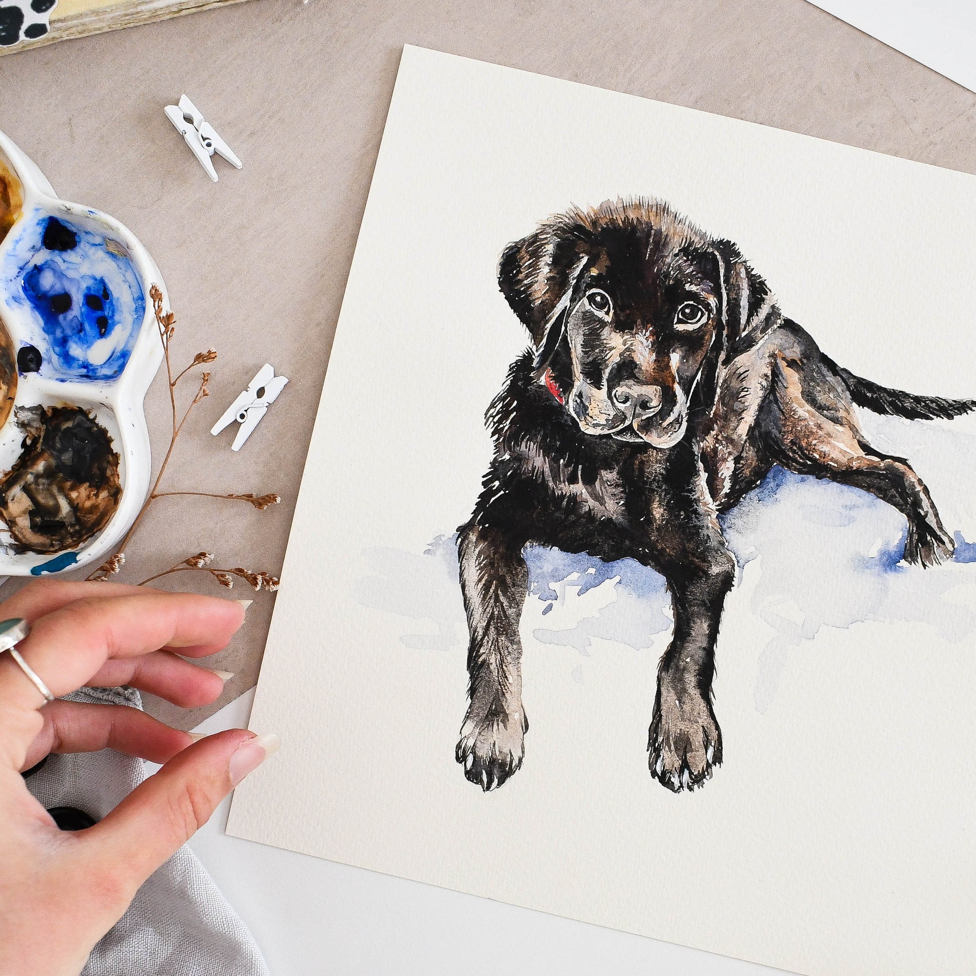 Close-up of watercolour brushwork on a custom hand-painted dog portrait