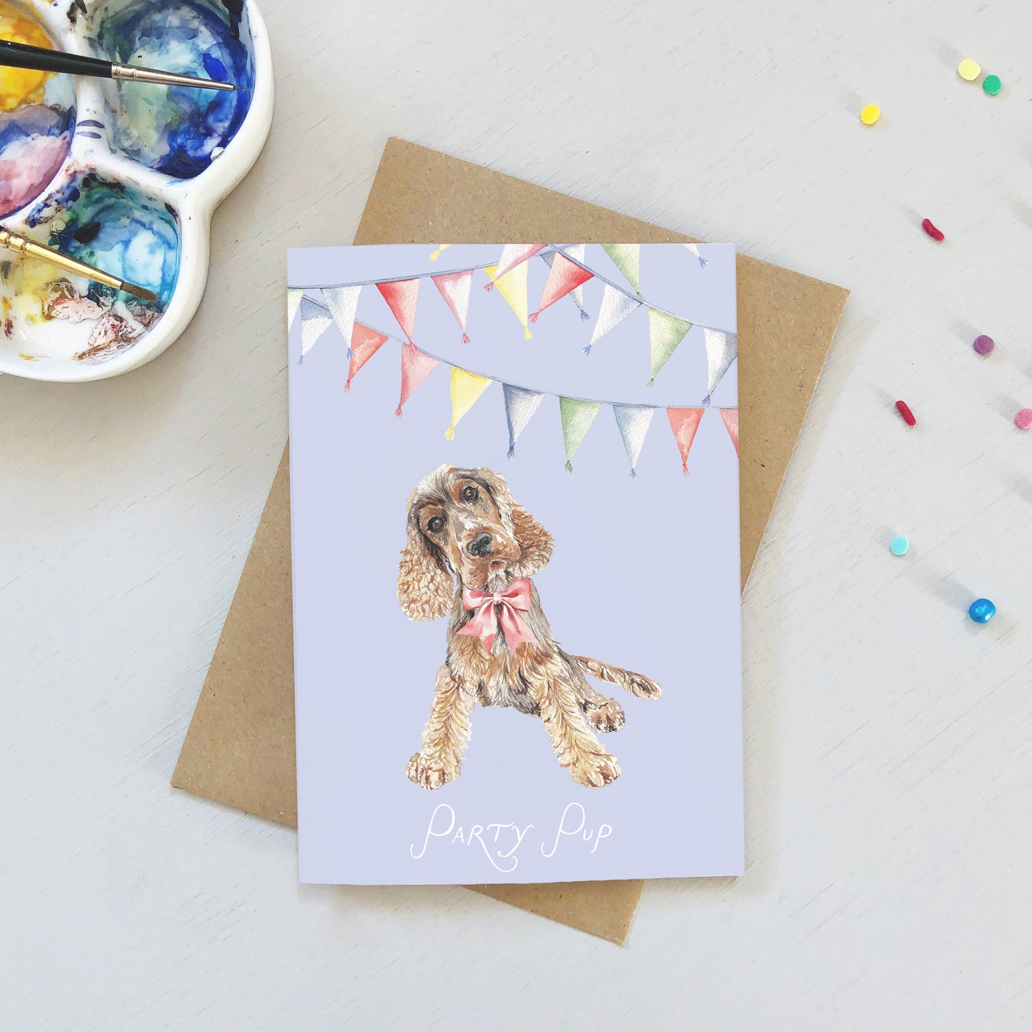 "Party Pup" Spaniel Birthday Card - Watercolour Illustration with Bunting