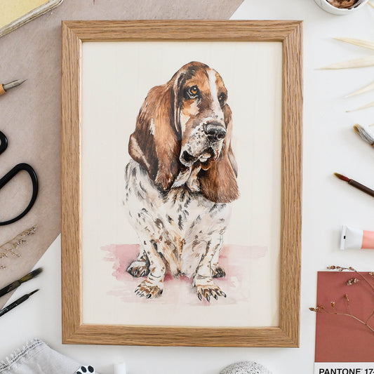 Personalised dog portrait in natural oak frame — watercolour painting from photo