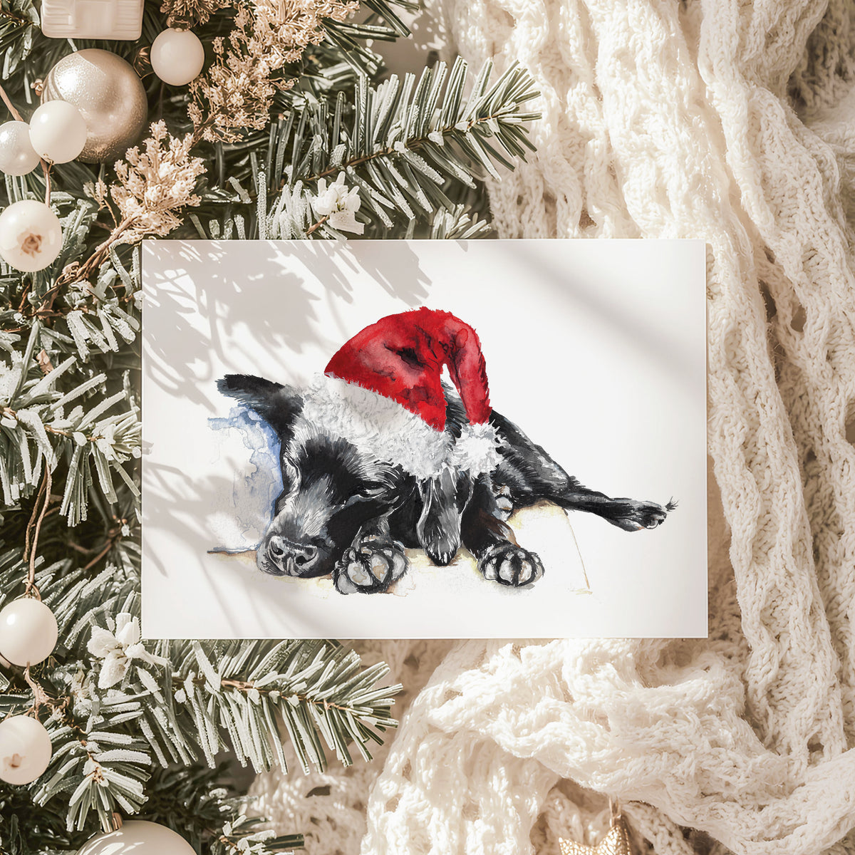 Sleeping Puppy in Santa Hat Christmas Card
