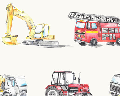 Watercolour Vehicles Wallpaper | Diggers, Fire Engines & Trucks | Kids Bedroom & Nursery