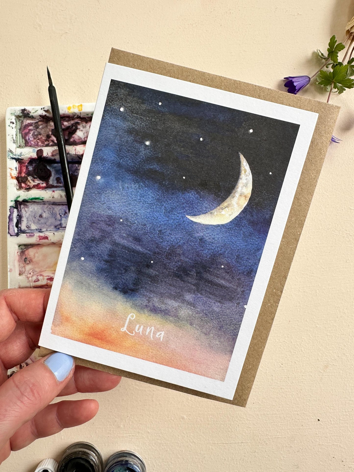 Hand-Painted Crescent Moon 'Luna' Watercolour Greeting Card