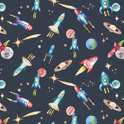 Space-themed pattern with rockets, planets, and stars on a dark blue background