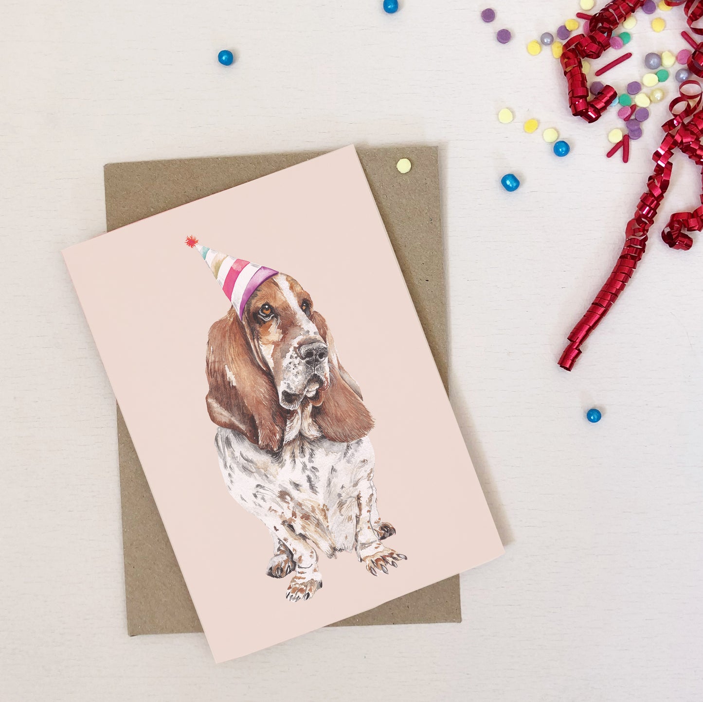 Basset Hound Birthday Card – Watercolour Dog Illustration with Party Hat