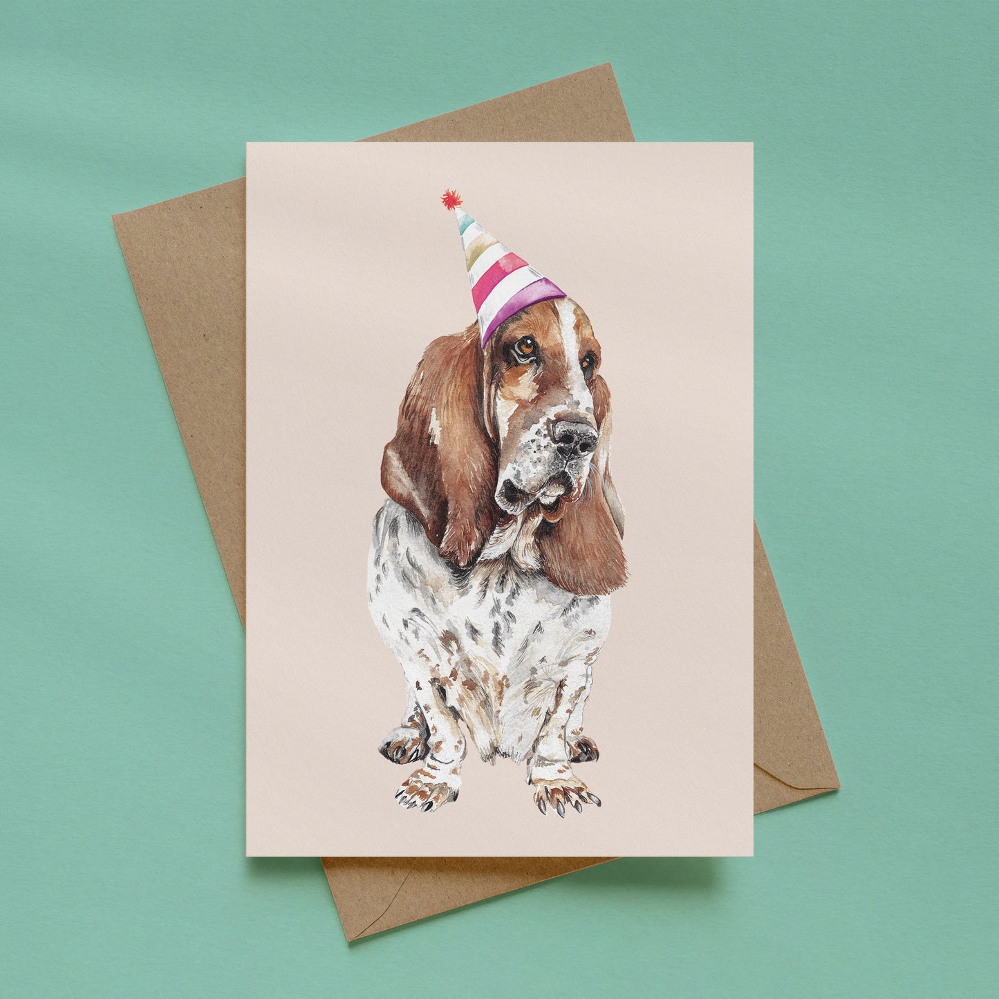 Basset Hound Birthday Card – Watercolour Dog Illustration with Party Hat