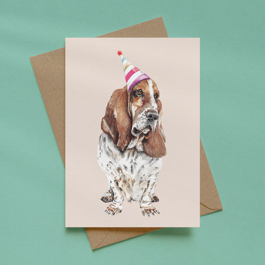 Basset Hound Birthday Card – Watercolour Dog Illustration with Party Hat
