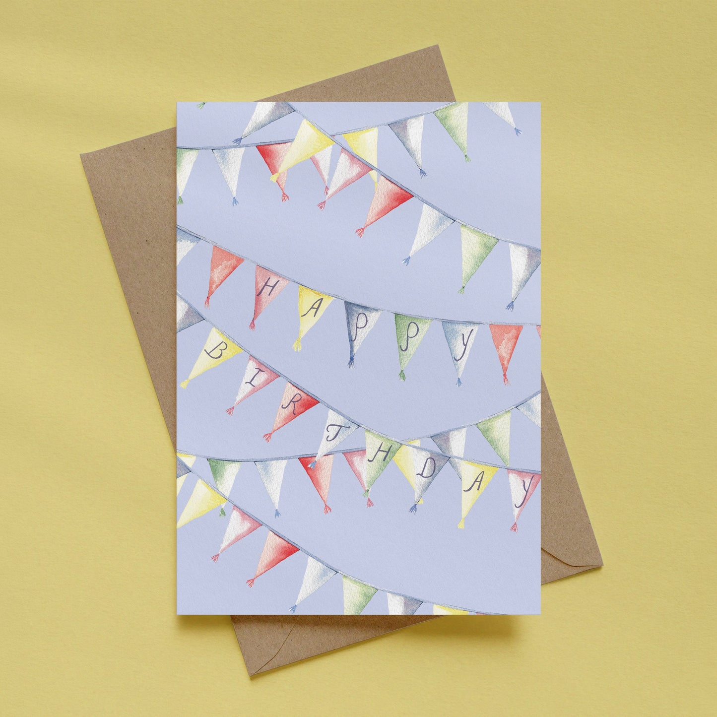"Happy Birthday" Bunting Card – Watercolour Illustration with Hand-Lettered Flags
