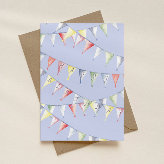 "Happy Birthday" Bunting Card – Watercolour Illustration with Hand-Lettered Flags