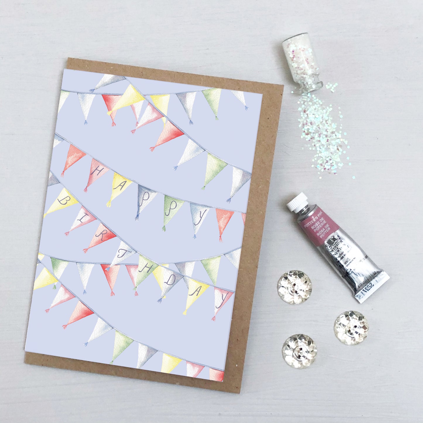 "Happy Birthday" Bunting Card – Watercolour Illustration with Hand-Lettered Flags