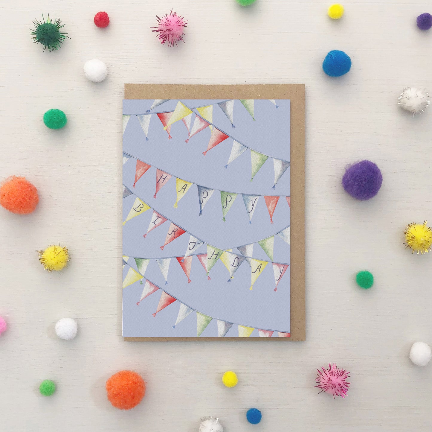 "Happy Birthday" Bunting Card – Watercolour Illustration with Hand-Lettered Flags