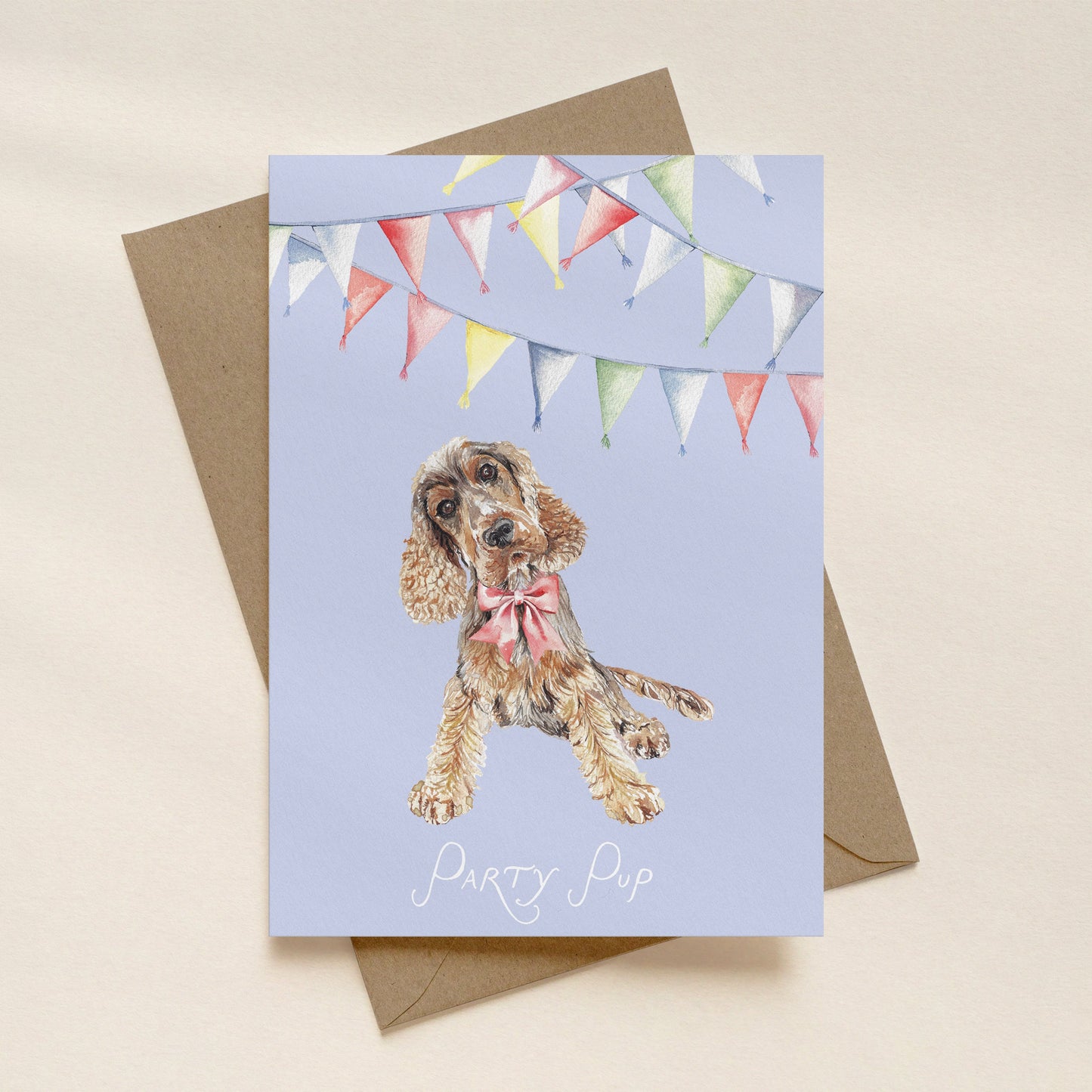 "Party Pup" Spaniel Birthday Card - Watercolour Illustration with Bunting