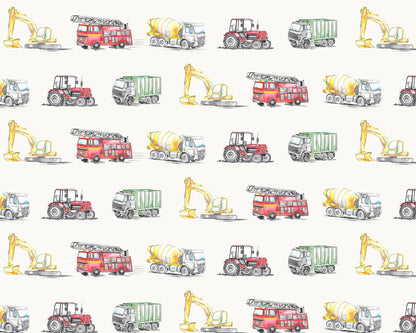 Watercolour Vehicles Wallpaper | Diggers, Fire Engines & Trucks | Kids Bedroom & Nursery
