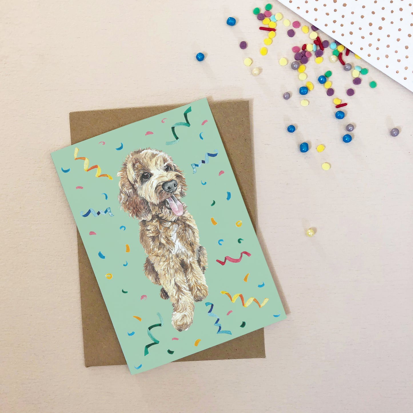Cockapoo Birthday Card – Watercolour Dog Illustration with Confetti
