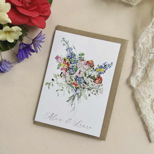 Personalised Wedding Floral Card | Hand-Painted Wedding Card | Congratulations Engagement Card | Wedding Gift Card | Custom Names