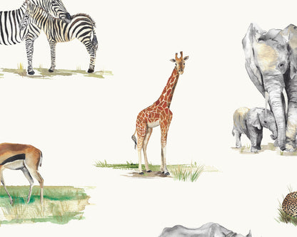 Safari Animals Watercolour Wallpaper - Children's Bedroom & Nursery
