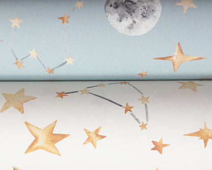 Star and moon pattern on a light blue and white background