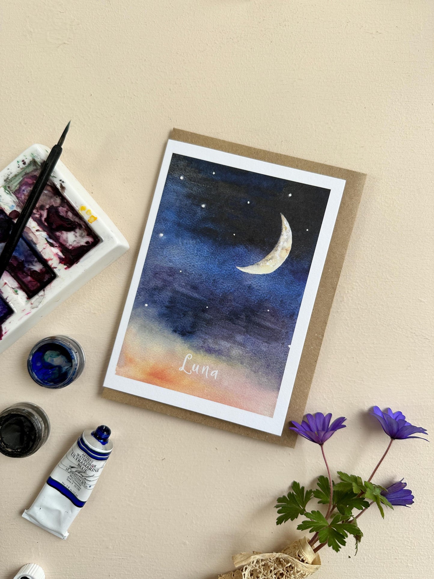 Hand-Painted Crescent Moon 'Luna' Watercolour Greeting Card