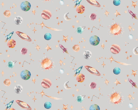 Planets Fabric – Watercolour Solar System Print | Cotton Curtain & Cushion Fabric