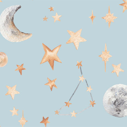 Pattern of stars, moon, and a constellation on a light blue background