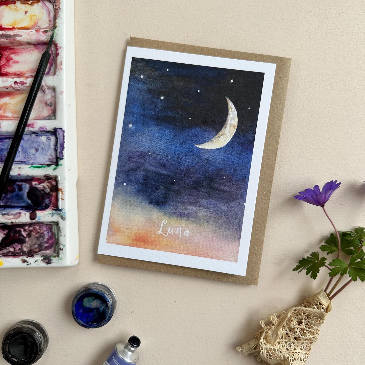 Hand-Painted Crescent Moon 'Luna' Watercolour Greeting Card