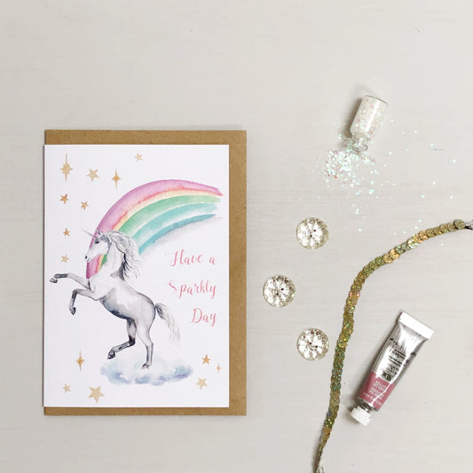 Unicorn rainbow hand painted greetings card
