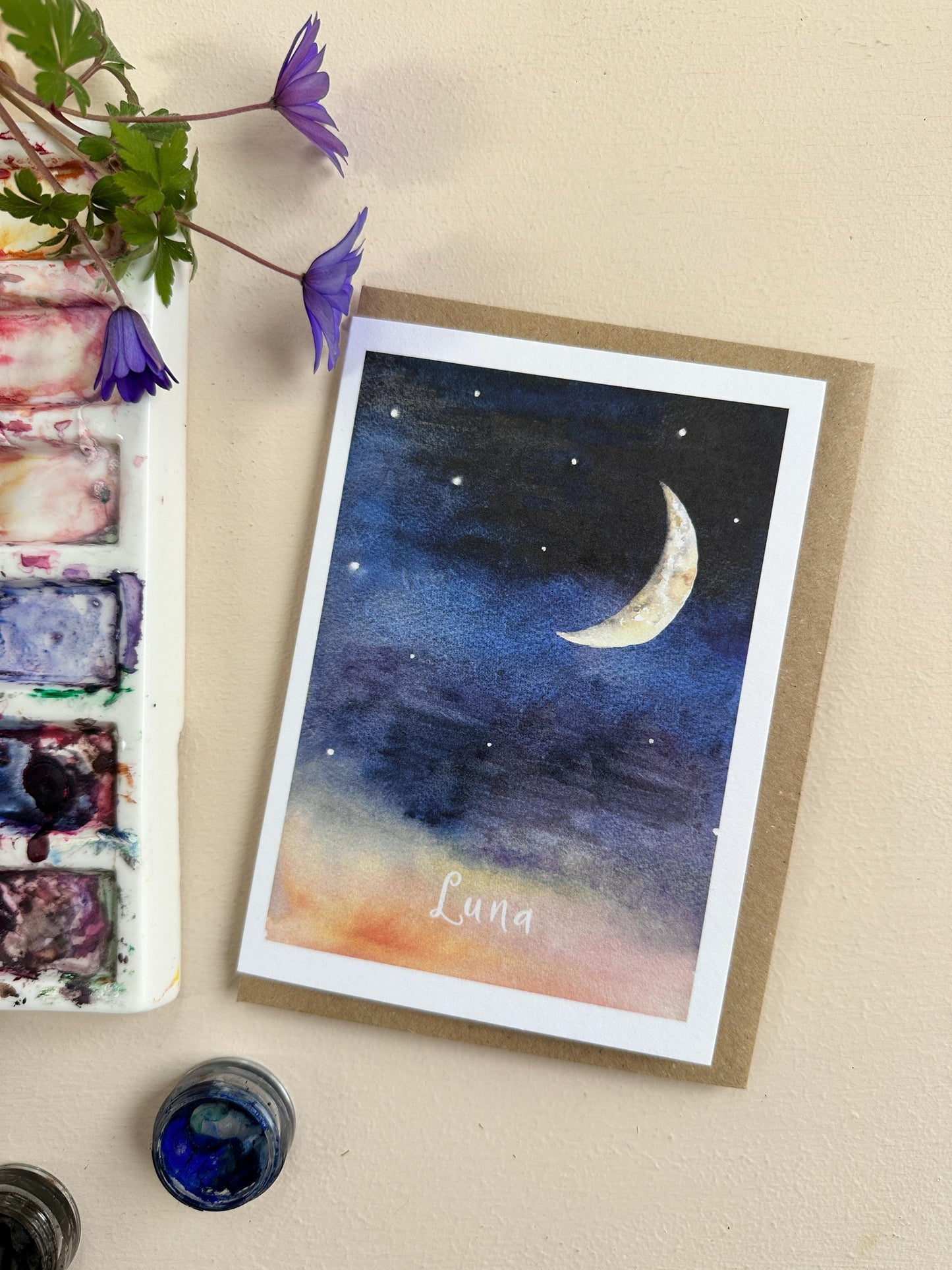Hand-Painted Crescent Moon 'Luna' Watercolour Greeting Card