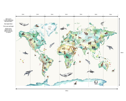 Wildlife World Map Mural Wallpaper For Children
