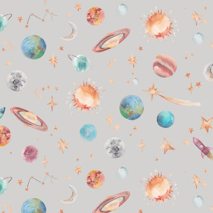 Cosmic pattern with planets, stars, and rockets on a light gray background