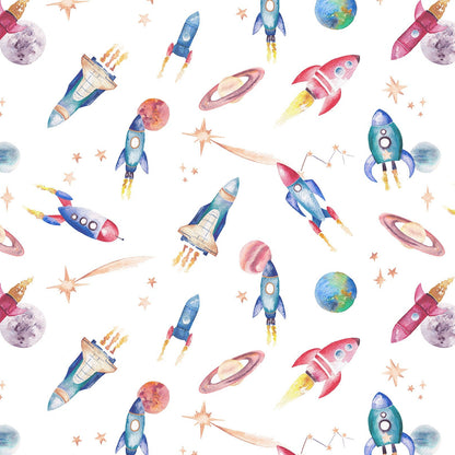 Pattern of colorful rockets, planets, and stars on a white background